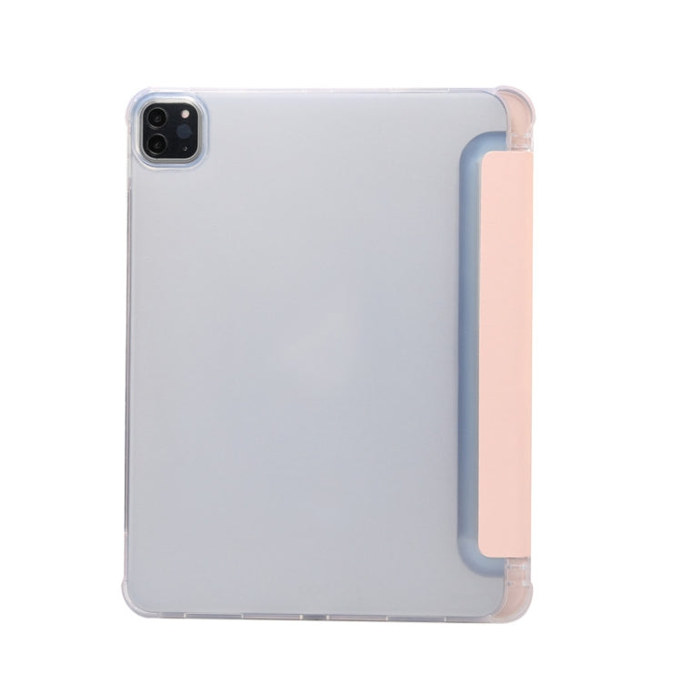 For iPad Pro 11 2022 / 2021 Three-folding Electric Pressed Skin Texture Horizontal Flip Shockproof Transparent TPU + PU Leather Tablet Case with Holder & Pen Slot & Sleep / Wake-up Function