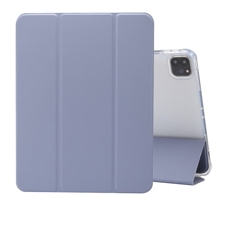 For iPad Pro 11 2022 / 2021 Three-folding Electric Pressed Skin Texture Horizontal Flip Shockproof Transparent TPU + PU Leather Tablet Case with Holder & Pen Slot & Sleep / Wake-up Function