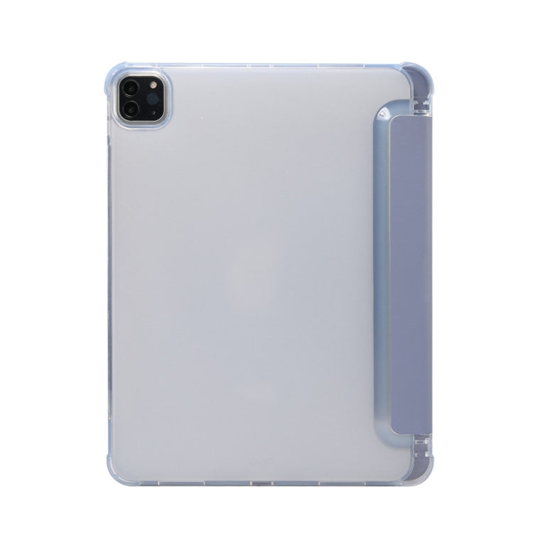 For iPad Pro 11 2022 / 2021 Three-folding Electric Pressed Skin Texture Horizontal Flip Shockproof Transparent TPU + PU Leather Tablet Case with Holder & Pen Slot & Sleep / Wake-up Function
