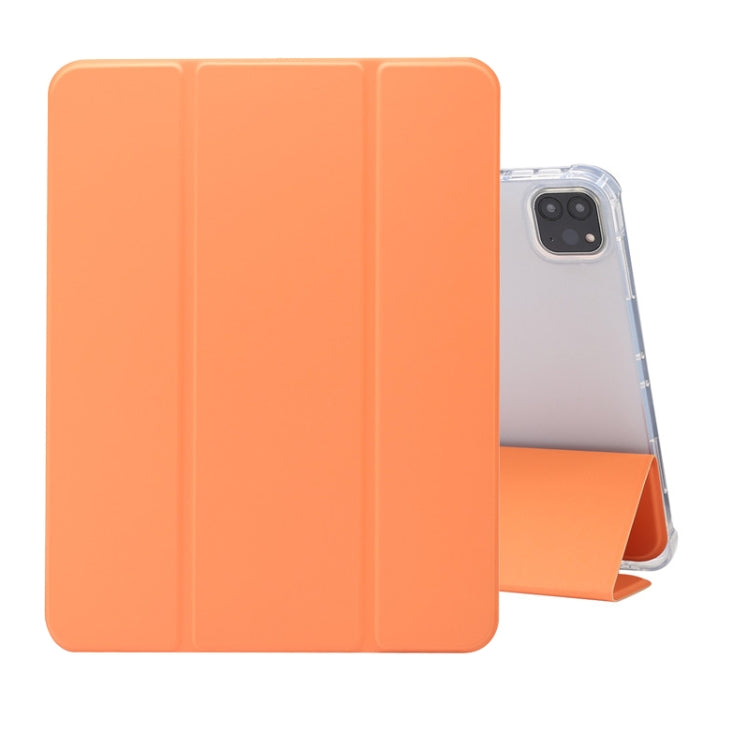 For iPad Pro 11 2022 / 2021 Three-folding Electric Pressed Skin Texture Horizontal Flip Shockproof Transparent TPU + PU Leather Tablet Case with Holder & Pen Slot & Sleep / Wake-up Function
