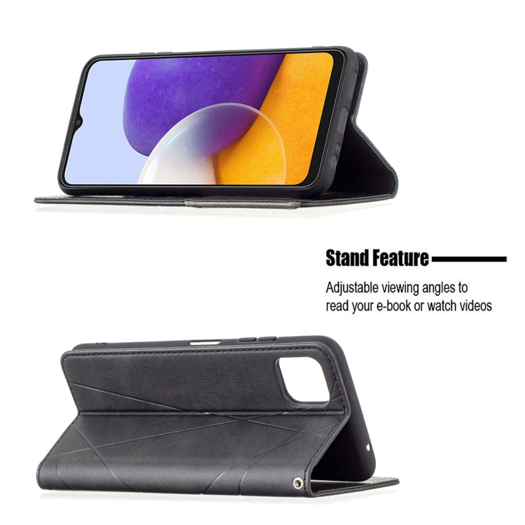 For Samsung Galaxy A22 5G Rhombus Texture Horizontal Flip Magnetic Leather Case with Holder & Card Slots