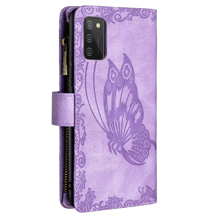 For Samsung Galaxy A02s Flying Butterfly Embossing Pattern Zipper Horizontal Flip Leather Case with Holder & Card Slots & Wallet