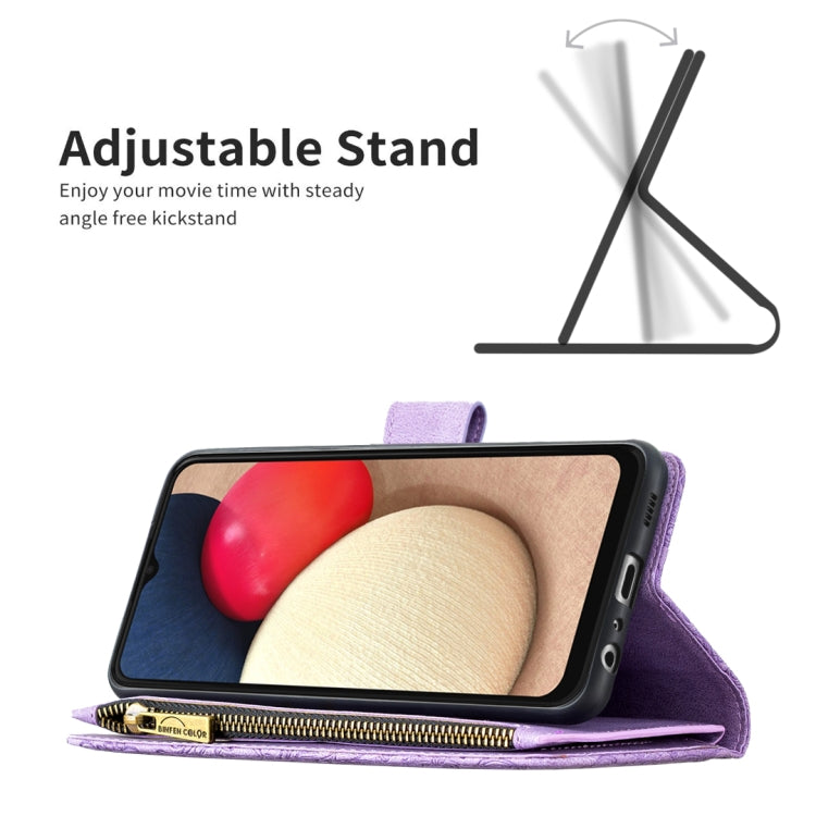 For Samsung Galaxy A02s Flying Butterfly Embossing Pattern Zipper Horizontal Flip Leather Case with Holder & Card Slots & Wallet