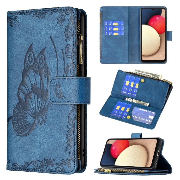 For Samsung Galaxy A02s Flying Butterfly Embossing Pattern Zipper Horizontal Flip Leather Case with Holder & Card Slots & Wallet