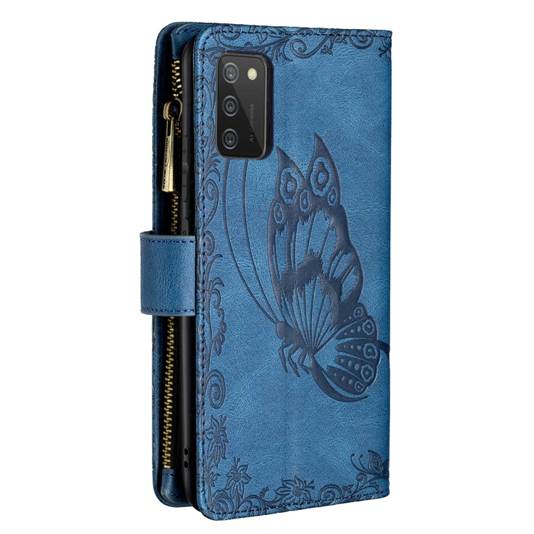 For Samsung Galaxy A02s Flying Butterfly Embossing Pattern Zipper Horizontal Flip Leather Case with Holder & Card Slots & Wallet