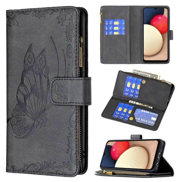 For Samsung Galaxy A02s Flying Butterfly Embossing Pattern Zipper Horizontal Flip Leather Case with Holder & Card Slots & Wallet