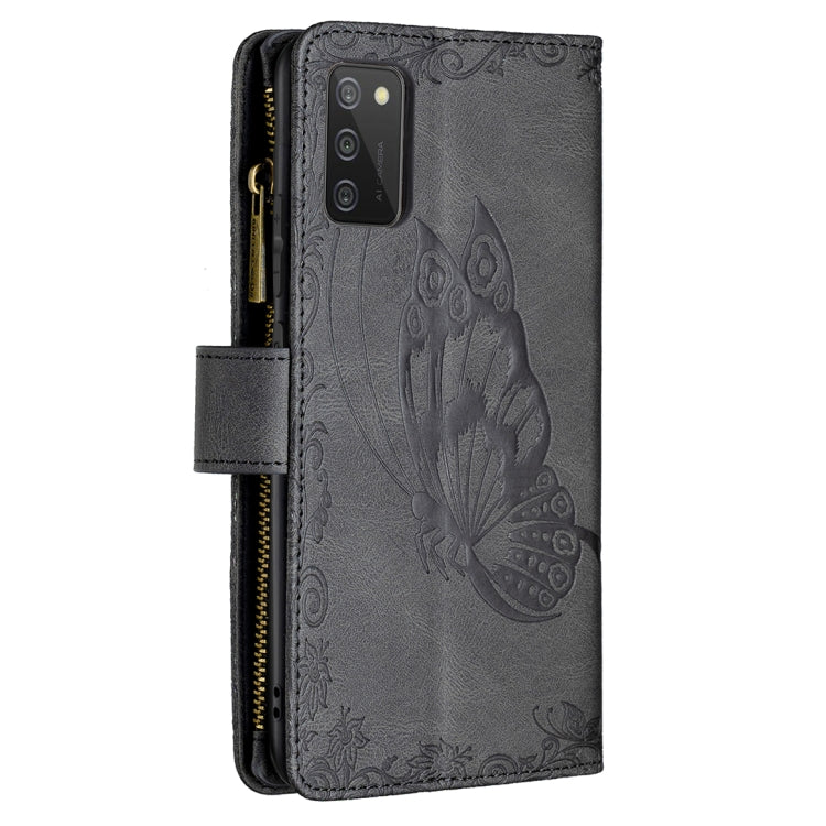 For Samsung Galaxy A02s Flying Butterfly Embossing Pattern Zipper Horizontal Flip Leather Case with Holder & Card Slots & Wallet