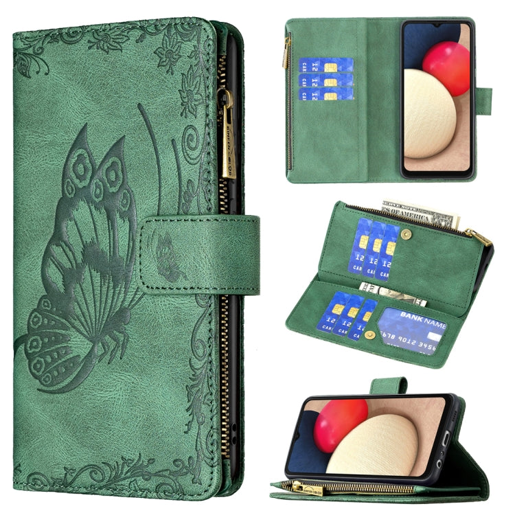 For Samsung Galaxy A02s Flying Butterfly Embossing Pattern Zipper Horizontal Flip Leather Case with Holder & Card Slots & Wallet