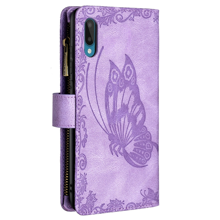 For Samsung Galaxy A02 Flying Butterfly Embossing Pattern Zipper Horizontal Flip Leather Case with Holder & Card Slots & Wallet