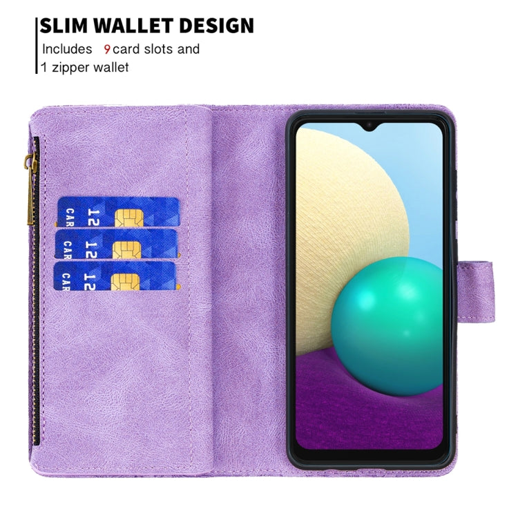 For Samsung Galaxy A02 Flying Butterfly Embossing Pattern Zipper Horizontal Flip Leather Case with Holder & Card Slots & Wallet