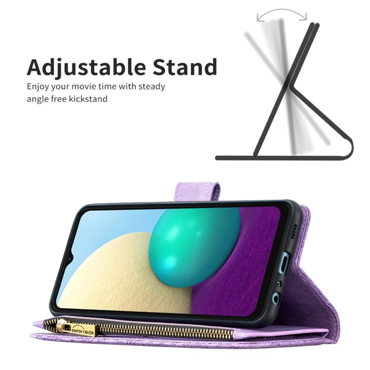 For Samsung Galaxy A02 Flying Butterfly Embossing Pattern Zipper Horizontal Flip Leather Case with Holder & Card Slots & Wallet