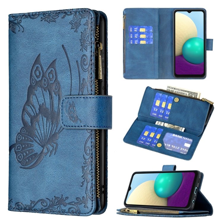 For Samsung Galaxy A02 Flying Butterfly Embossing Pattern Zipper Horizontal Flip Leather Case with Holder & Card Slots & Wallet