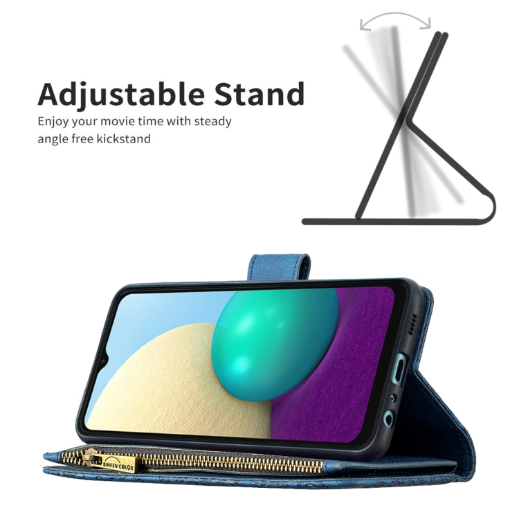 For Samsung Galaxy A02 Flying Butterfly Embossing Pattern Zipper Horizontal Flip Leather Case with Holder & Card Slots & Wallet