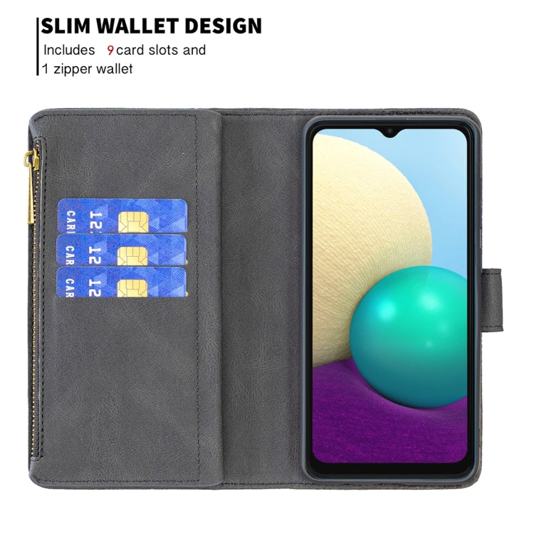 For Samsung Galaxy A02 Flying Butterfly Embossing Pattern Zipper Horizontal Flip Leather Case with Holder & Card Slots & Wallet