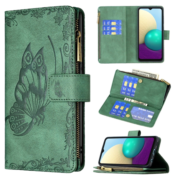 For Samsung Galaxy A02 Flying Butterfly Embossing Pattern Zipper Horizontal Flip Leather Case with Holder & Card Slots & Wallet