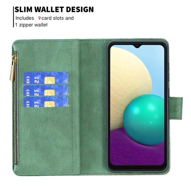 For Samsung Galaxy A02 Flying Butterfly Embossing Pattern Zipper Horizontal Flip Leather Case with Holder & Card Slots & Wallet