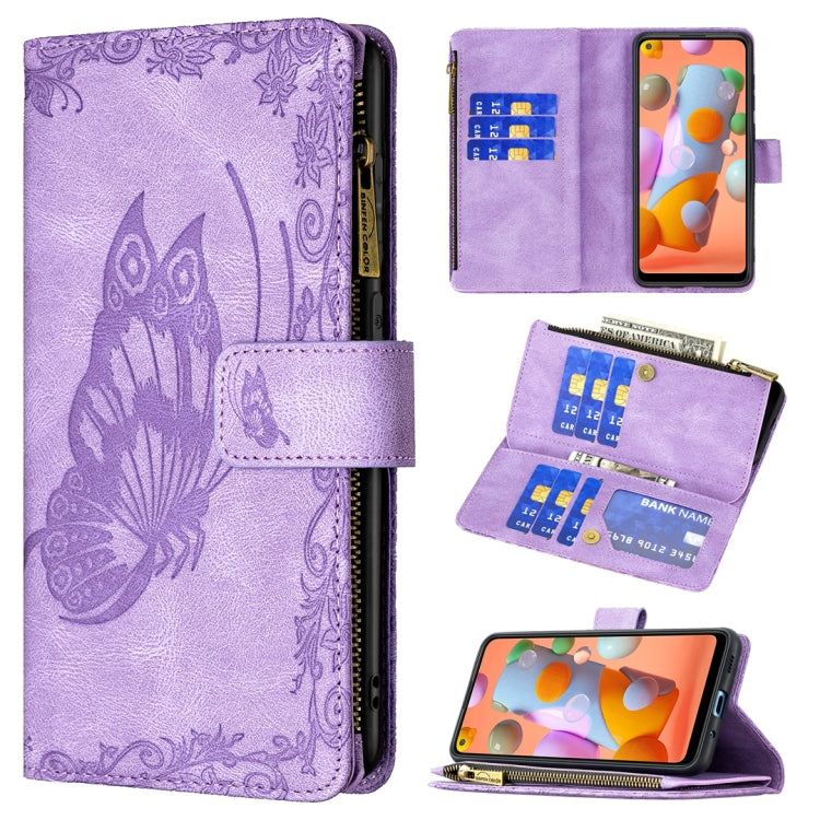 For Samsung Galaxy A11 Flying Butterfly Embossing Pattern Zipper Horizontal Flip Leather Case with Holder & Card Slots & Wallet