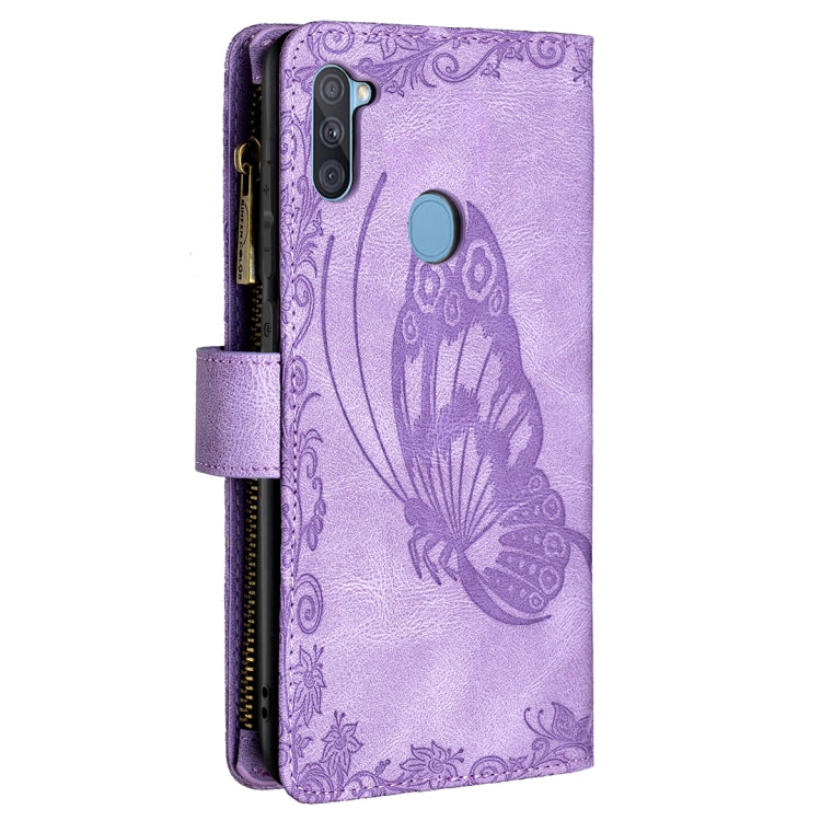 For Samsung Galaxy A11 Flying Butterfly Embossing Pattern Zipper Horizontal Flip Leather Case with Holder & Card Slots & Wallet