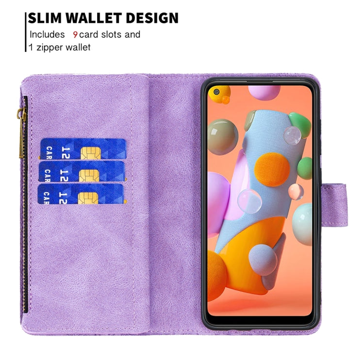 For Samsung Galaxy A11 Flying Butterfly Embossing Pattern Zipper Horizontal Flip Leather Case with Holder & Card Slots & Wallet