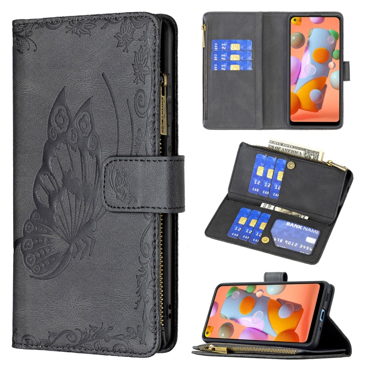 For Samsung Galaxy A11 Flying Butterfly Embossing Pattern Zipper Horizontal Flip Leather Case with Holder & Card Slots & Wallet