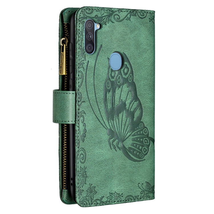 For Samsung Galaxy A11 Flying Butterfly Embossing Pattern Zipper Horizontal Flip Leather Case with Holder & Card Slots & Wallet