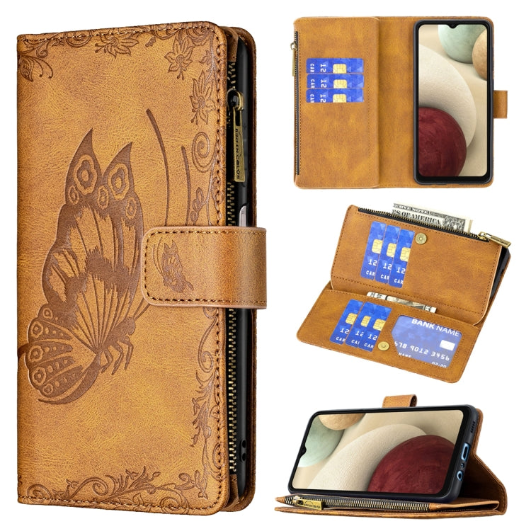 For Samsung Galaxy A12 Flying Butterfly Embossing Pattern Zipper Horizontal Flip Leather Case with Holder & Card Slots & Wallet