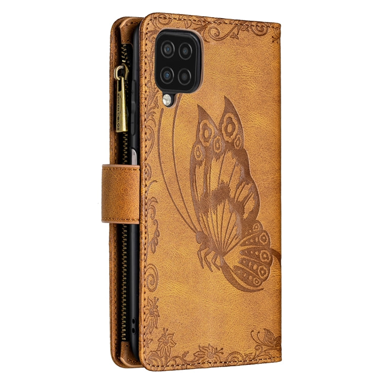 For Samsung Galaxy A12 Flying Butterfly Embossing Pattern Zipper Horizontal Flip Leather Case with Holder & Card Slots & Wallet
