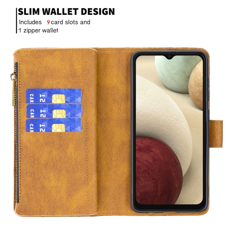 For Samsung Galaxy A12 Flying Butterfly Embossing Pattern Zipper Horizontal Flip Leather Case with Holder & Card Slots & Wallet