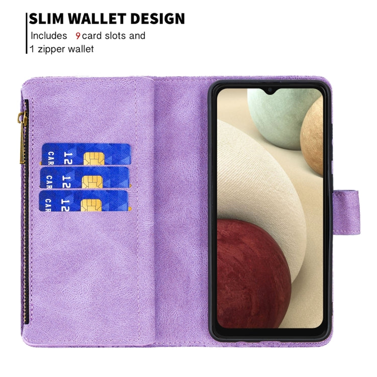 For Samsung Galaxy A12 Flying Butterfly Embossing Pattern Zipper Horizontal Flip Leather Case with Holder & Card Slots & Wallet