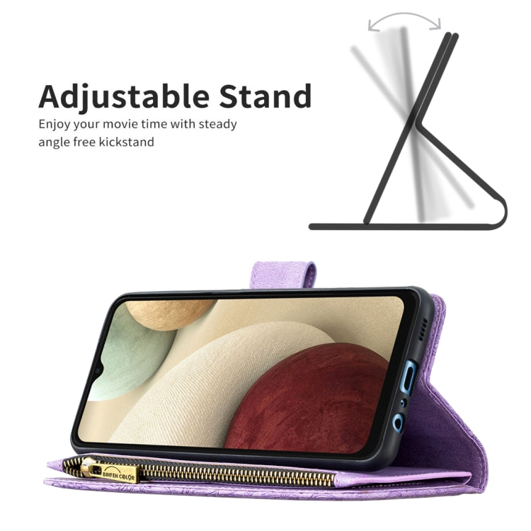 For Samsung Galaxy A12 Flying Butterfly Embossing Pattern Zipper Horizontal Flip Leather Case with Holder & Card Slots & Wallet