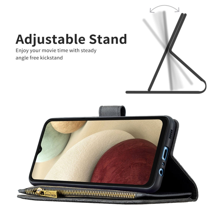 For Samsung Galaxy A12 Flying Butterfly Embossing Pattern Zipper Horizontal Flip Leather Case with Holder & Card Slots & Wallet