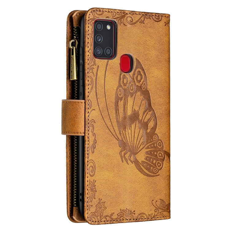 For Samsung Galaxy A21s Flying Butterfly Embossing Pattern Zipper Horizontal Flip Leather Case with Holder & Card Slots & Wallet