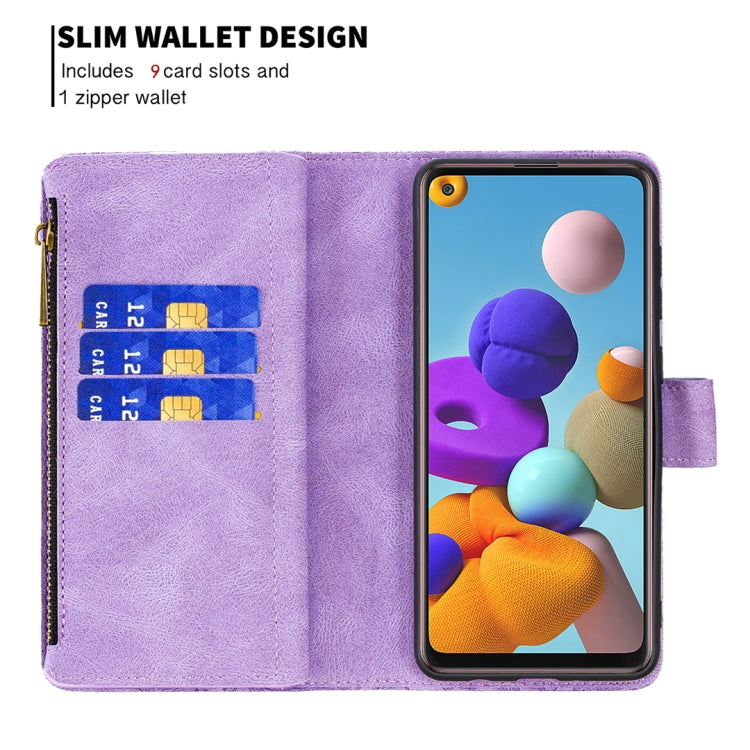 For Samsung Galaxy A21s Flying Butterfly Embossing Pattern Zipper Horizontal Flip Leather Case with Holder & Card Slots & Wallet