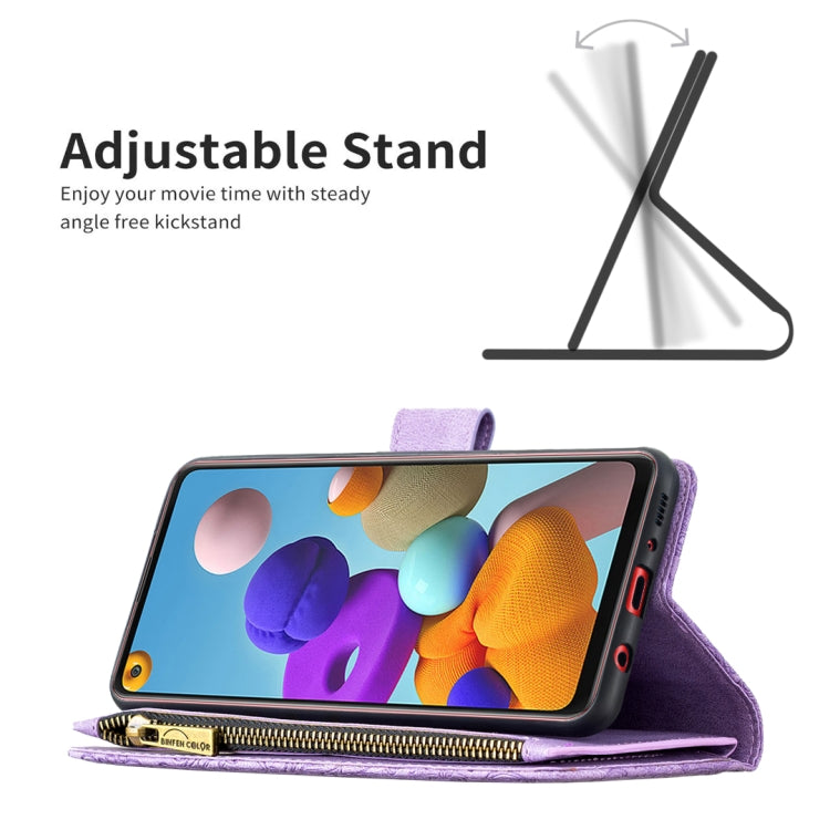 For Samsung Galaxy A21s Flying Butterfly Embossing Pattern Zipper Horizontal Flip Leather Case with Holder & Card Slots & Wallet