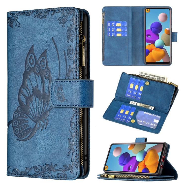 For Samsung Galaxy A21s Flying Butterfly Embossing Pattern Zipper Horizontal Flip Leather Case with Holder & Card Slots & Wallet
