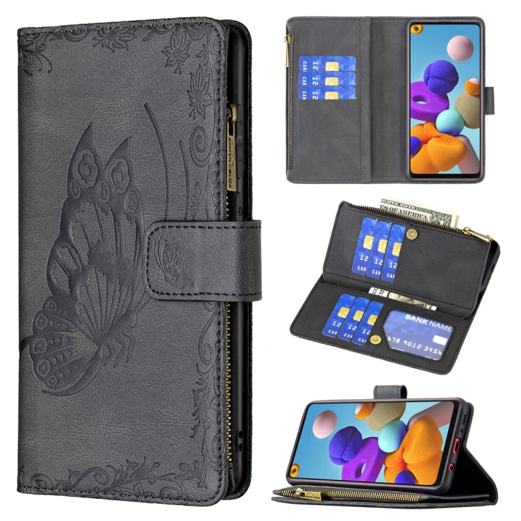 For Samsung Galaxy A21s Flying Butterfly Embossing Pattern Zipper Horizontal Flip Leather Case with Holder & Card Slots & Wallet