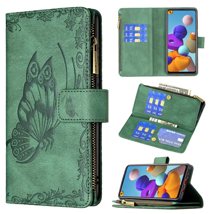 For Samsung Galaxy A21s Flying Butterfly Embossing Pattern Zipper Horizontal Flip Leather Case with Holder & Card Slots & Wallet