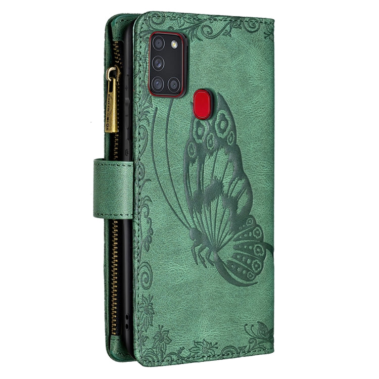 For Samsung Galaxy A21s Flying Butterfly Embossing Pattern Zipper Horizontal Flip Leather Case with Holder & Card Slots & Wallet