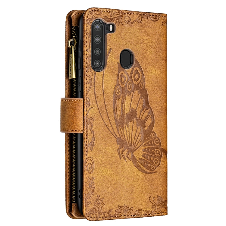 For Samsung Galaxy A21 Flying Butterfly Embossing Pattern Zipper Horizontal Flip Leather Case with Holder & Card Slots & Wallet