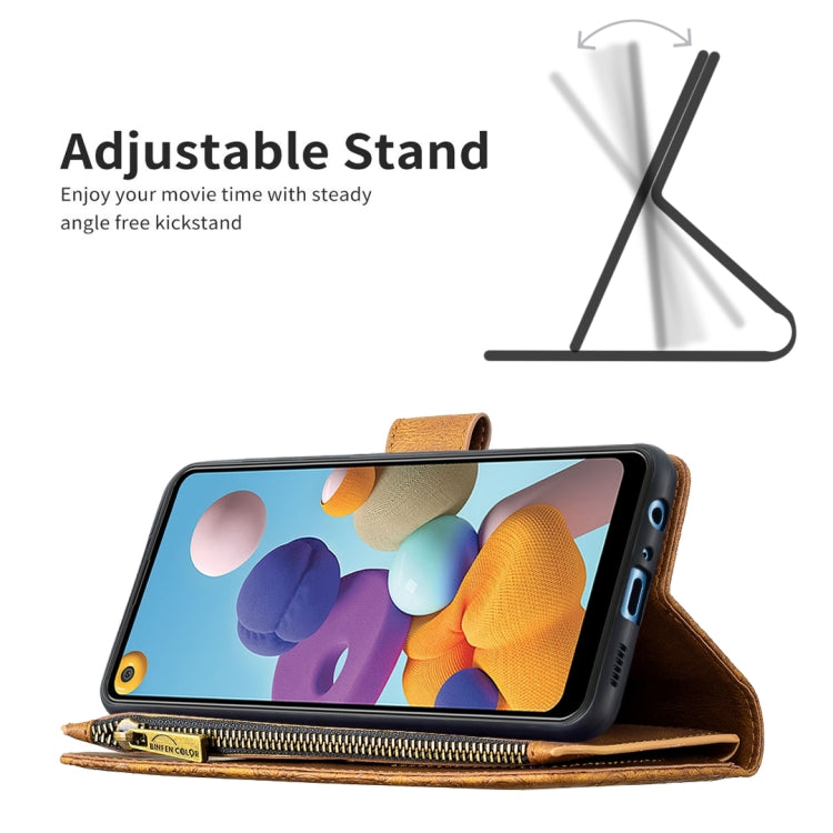 For Samsung Galaxy A21 Flying Butterfly Embossing Pattern Zipper Horizontal Flip Leather Case with Holder & Card Slots & Wallet