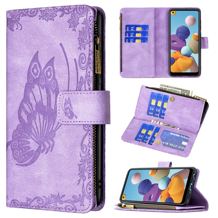 For Samsung Galaxy A21 Flying Butterfly Embossing Pattern Zipper Horizontal Flip Leather Case with Holder & Card Slots & Wallet