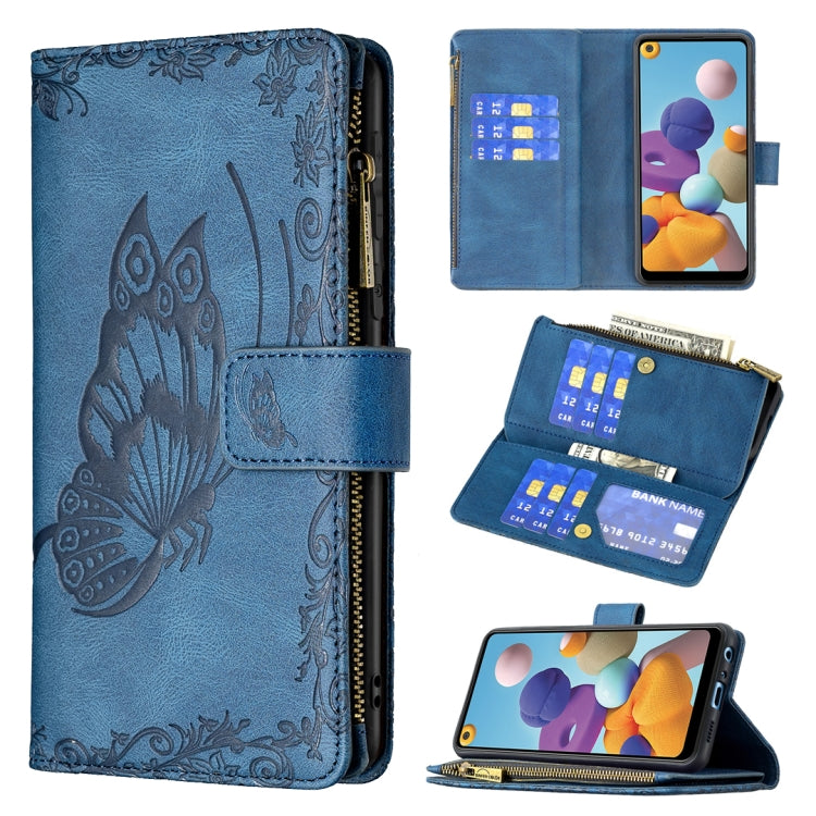 For Samsung Galaxy A21 Flying Butterfly Embossing Pattern Zipper Horizontal Flip Leather Case with Holder & Card Slots & Wallet