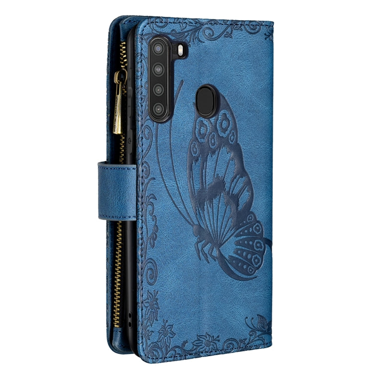 For Samsung Galaxy A21 Flying Butterfly Embossing Pattern Zipper Horizontal Flip Leather Case with Holder & Card Slots & Wallet