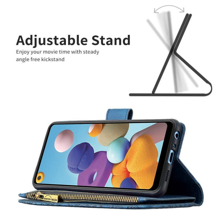 For Samsung Galaxy A21 Flying Butterfly Embossing Pattern Zipper Horizontal Flip Leather Case with Holder & Card Slots & Wallet