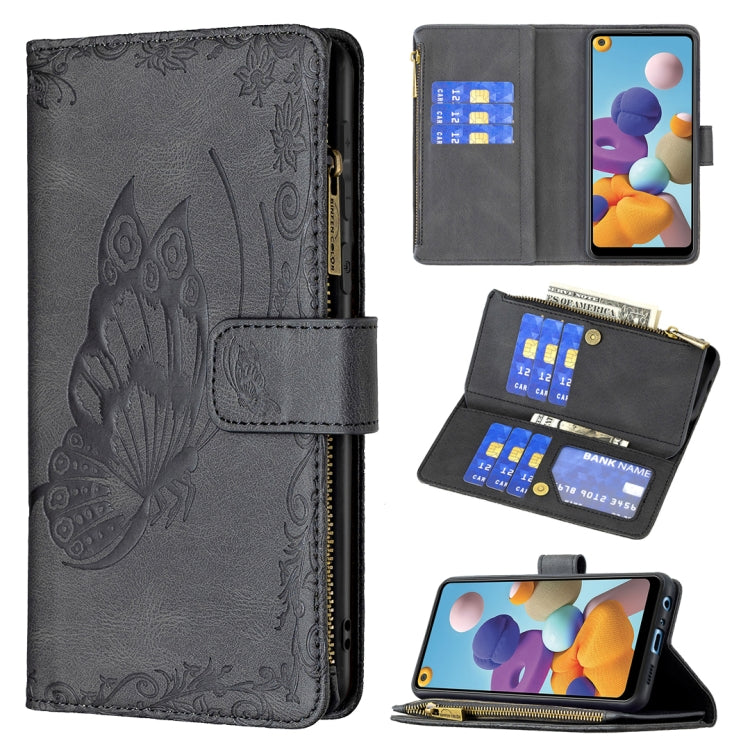 For Samsung Galaxy A21 Flying Butterfly Embossing Pattern Zipper Horizontal Flip Leather Case with Holder & Card Slots & Wallet