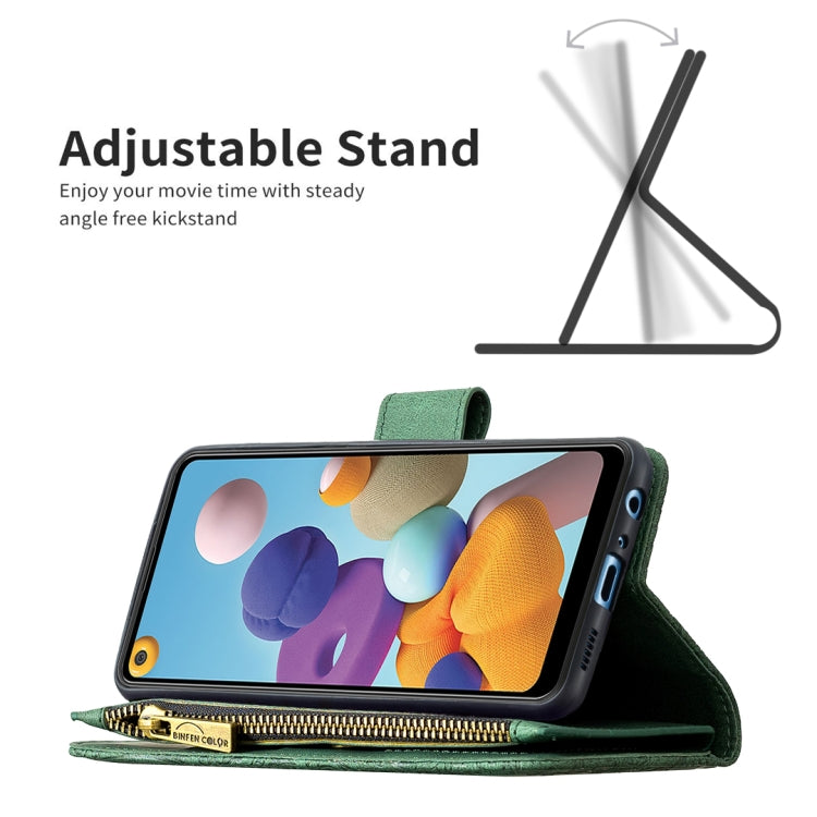 For Samsung Galaxy A21 Flying Butterfly Embossing Pattern Zipper Horizontal Flip Leather Case with Holder & Card Slots & Wallet