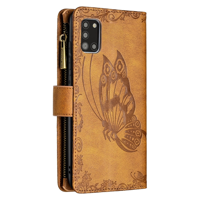 For Samsung Galaxy A31 Flying Butterfly Embossing Pattern Zipper Horizontal Flip Leather Case with Holder & Card Slots & Wallet