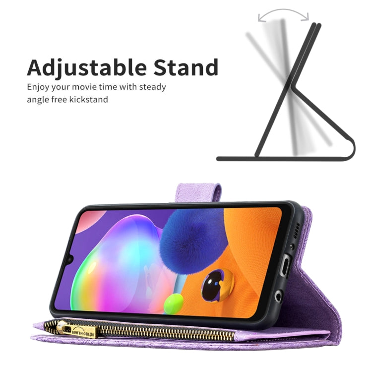 For Samsung Galaxy A31 Flying Butterfly Embossing Pattern Zipper Horizontal Flip Leather Case with Holder & Card Slots & Wallet