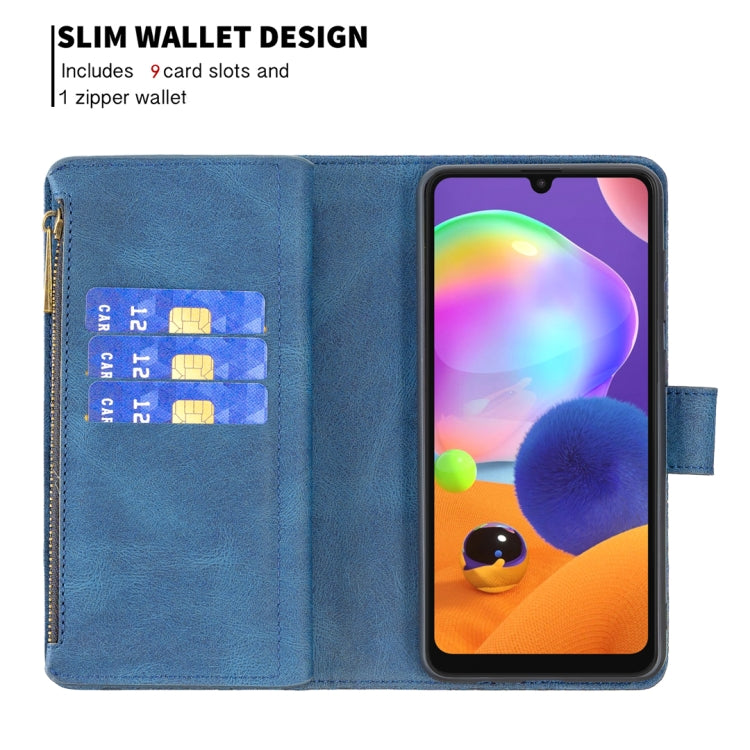 For Samsung Galaxy A31 Flying Butterfly Embossing Pattern Zipper Horizontal Flip Leather Case with Holder & Card Slots & Wallet