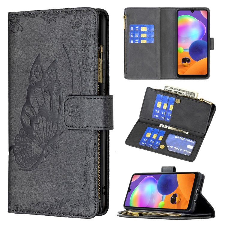 For Samsung Galaxy A31 Flying Butterfly Embossing Pattern Zipper Horizontal Flip Leather Case with Holder & Card Slots & Wallet